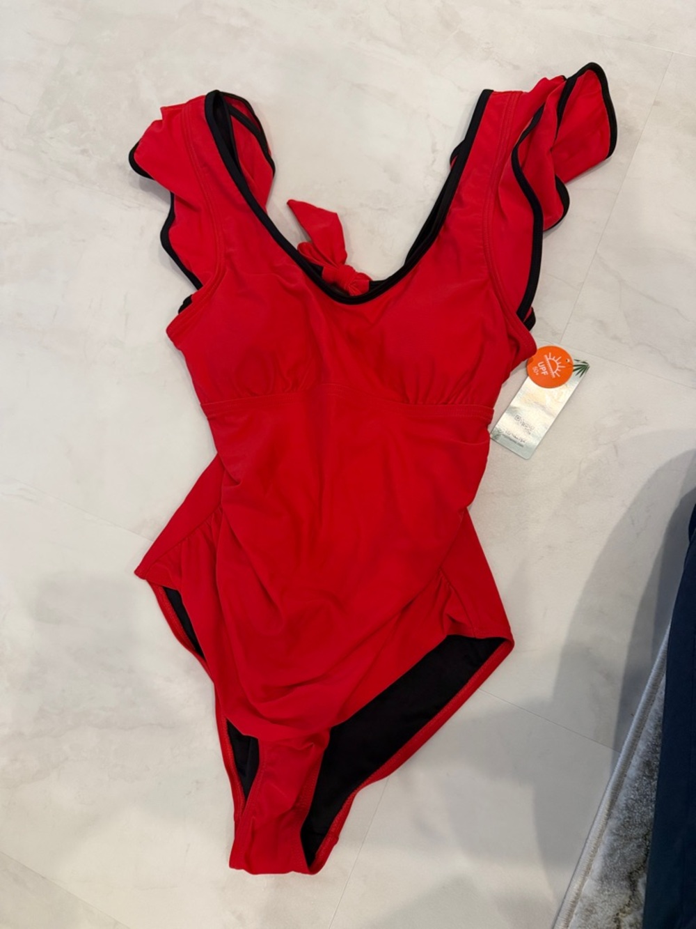 Tie-Back Red One-Piece Swimsuit with Black Trim